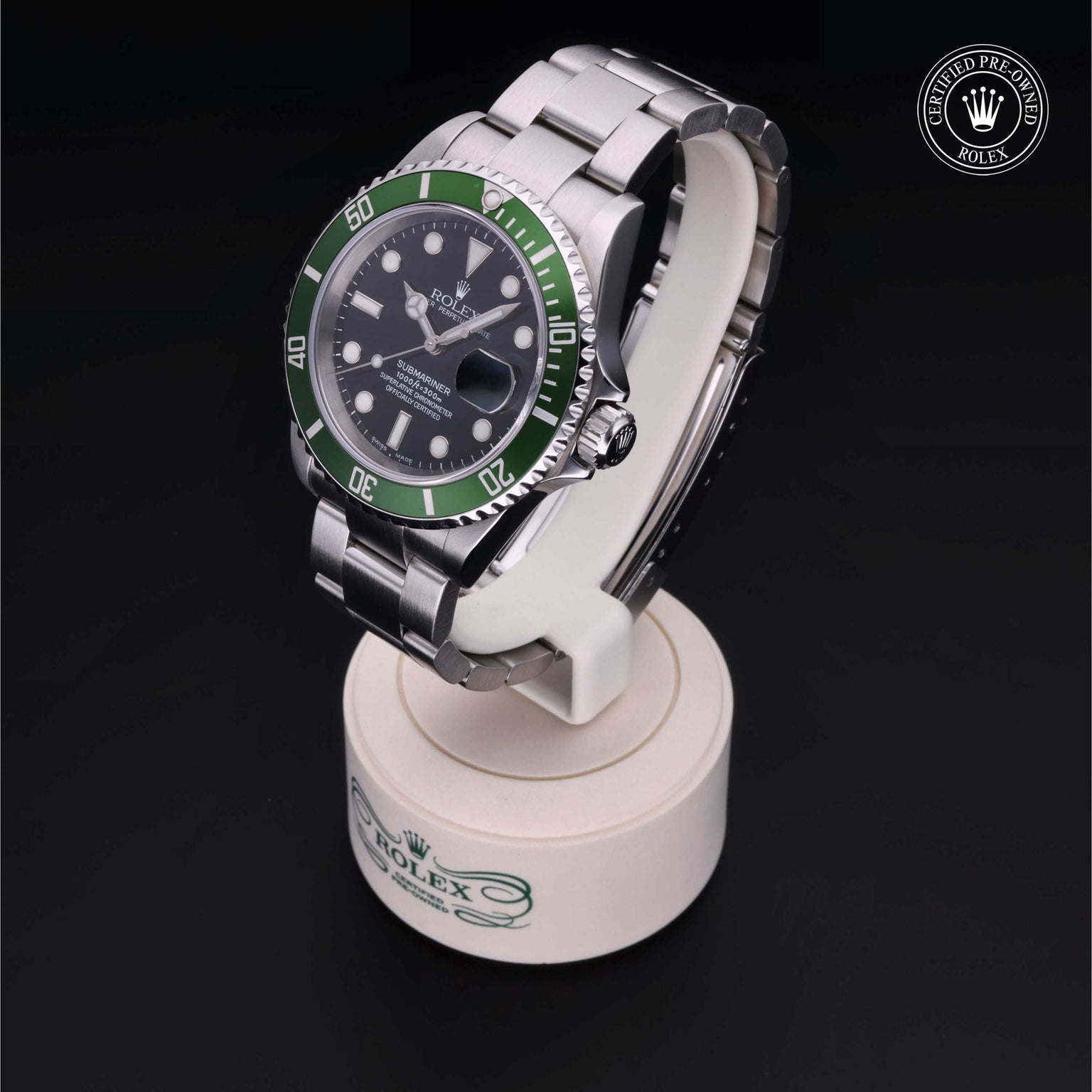 Rolex Certified Pre-owned Submariner Date M16610LV-0002 front on black background