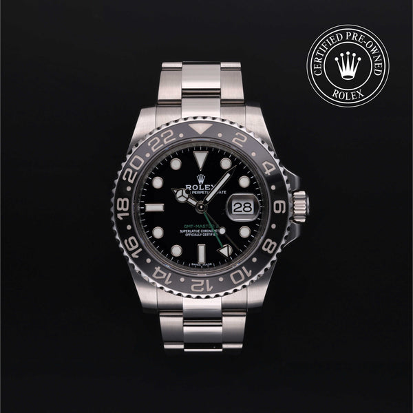 Rolex Certified Pre-owned GMT M116710LN-0001 front on black background