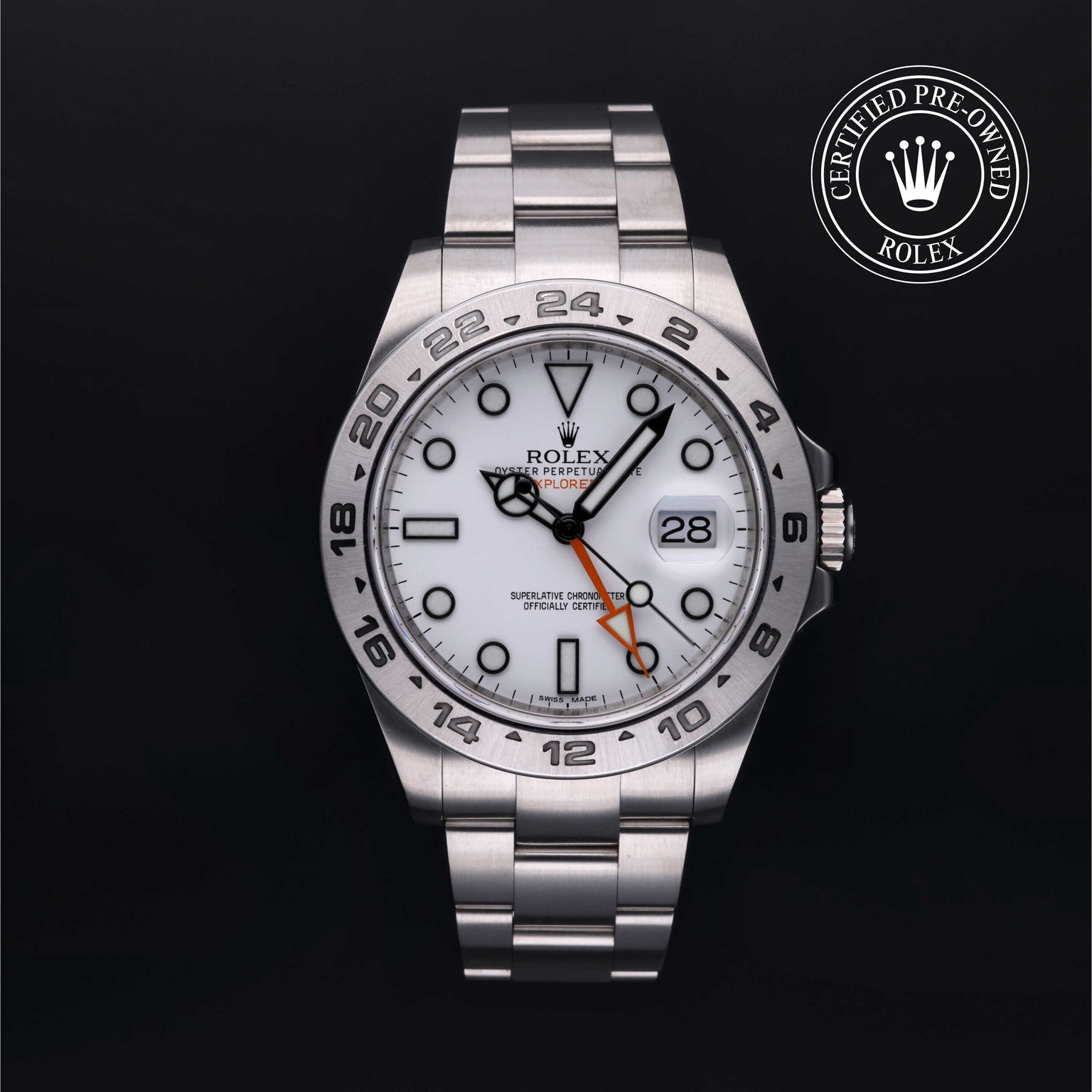 Rolex Certified Pre-owned Explorer II M216570-0001 front on black background