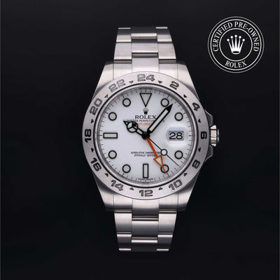 Rolex Certified Pre-owned Explorer II M216570-0001 front on black background