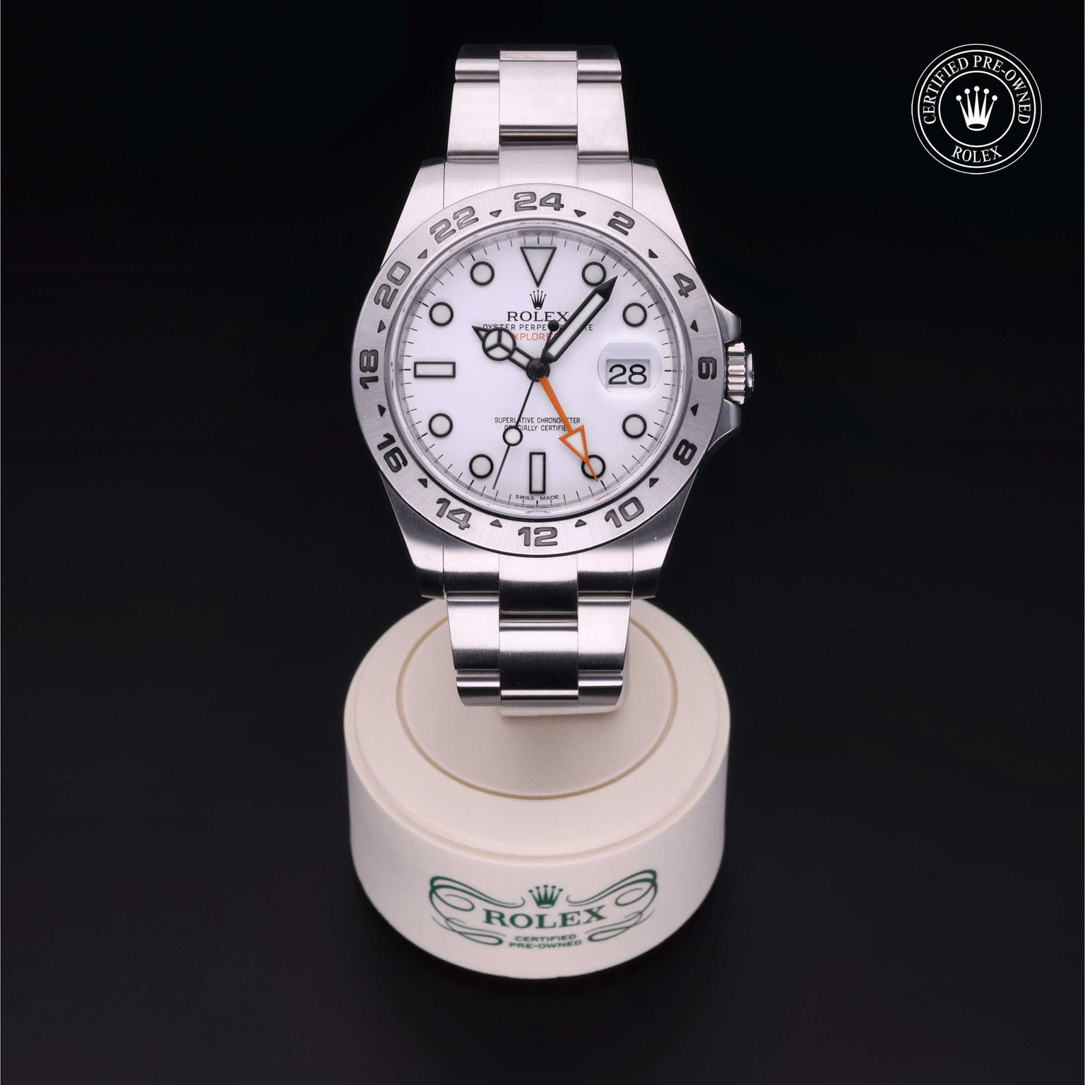 Rolex Certified Pre-owned Explorer II M216570-0001 front on black background