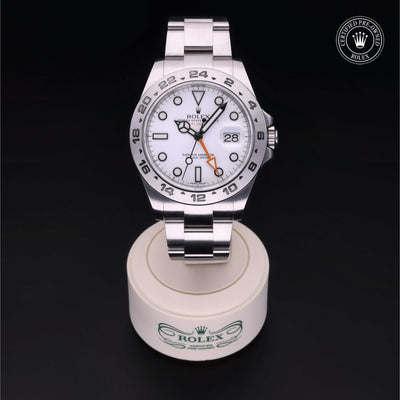Rolex Certified Pre-owned Explorer II M216570-0001 front on black background