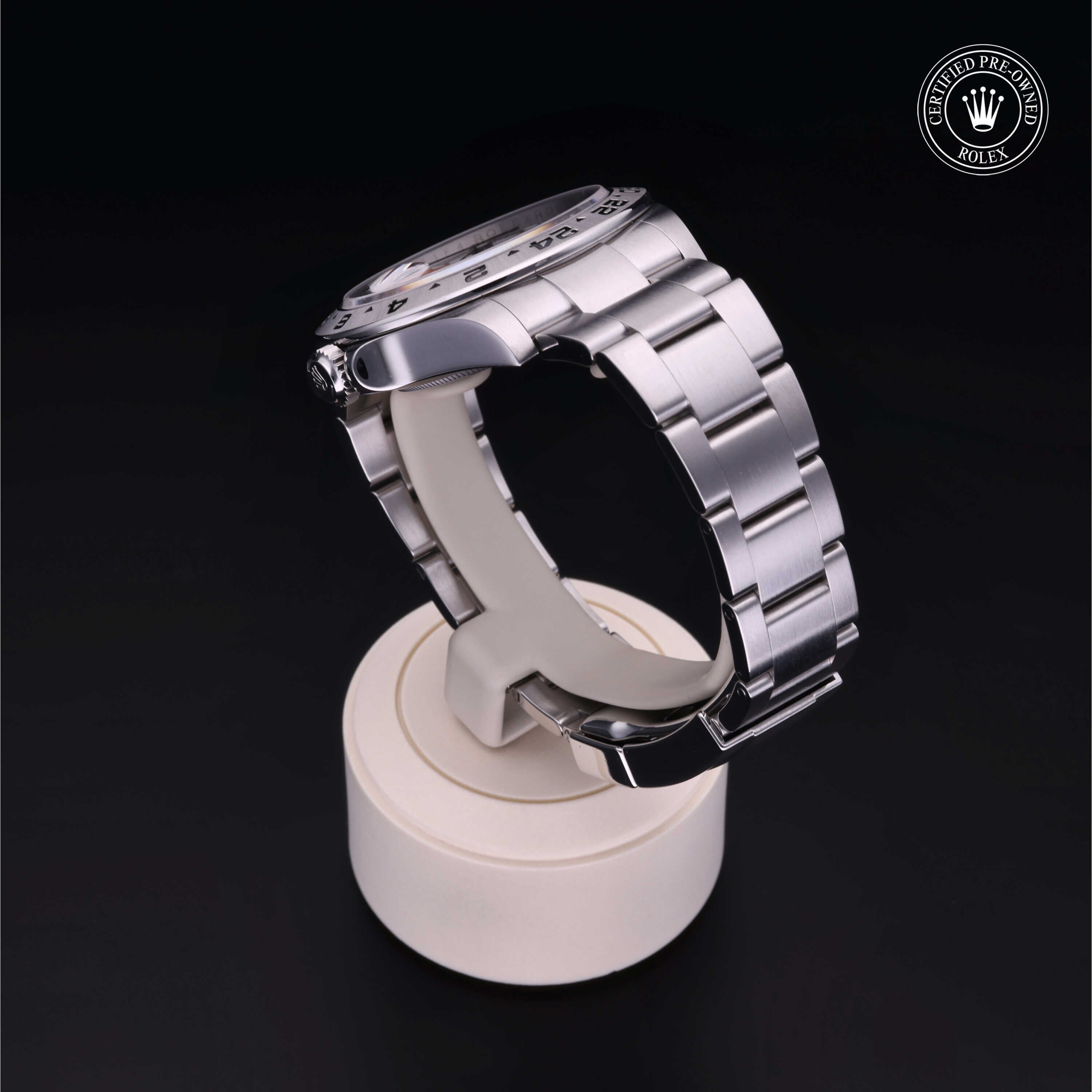 Rolex Certified Pre-owned Explorer II M216570-0001 front on black background