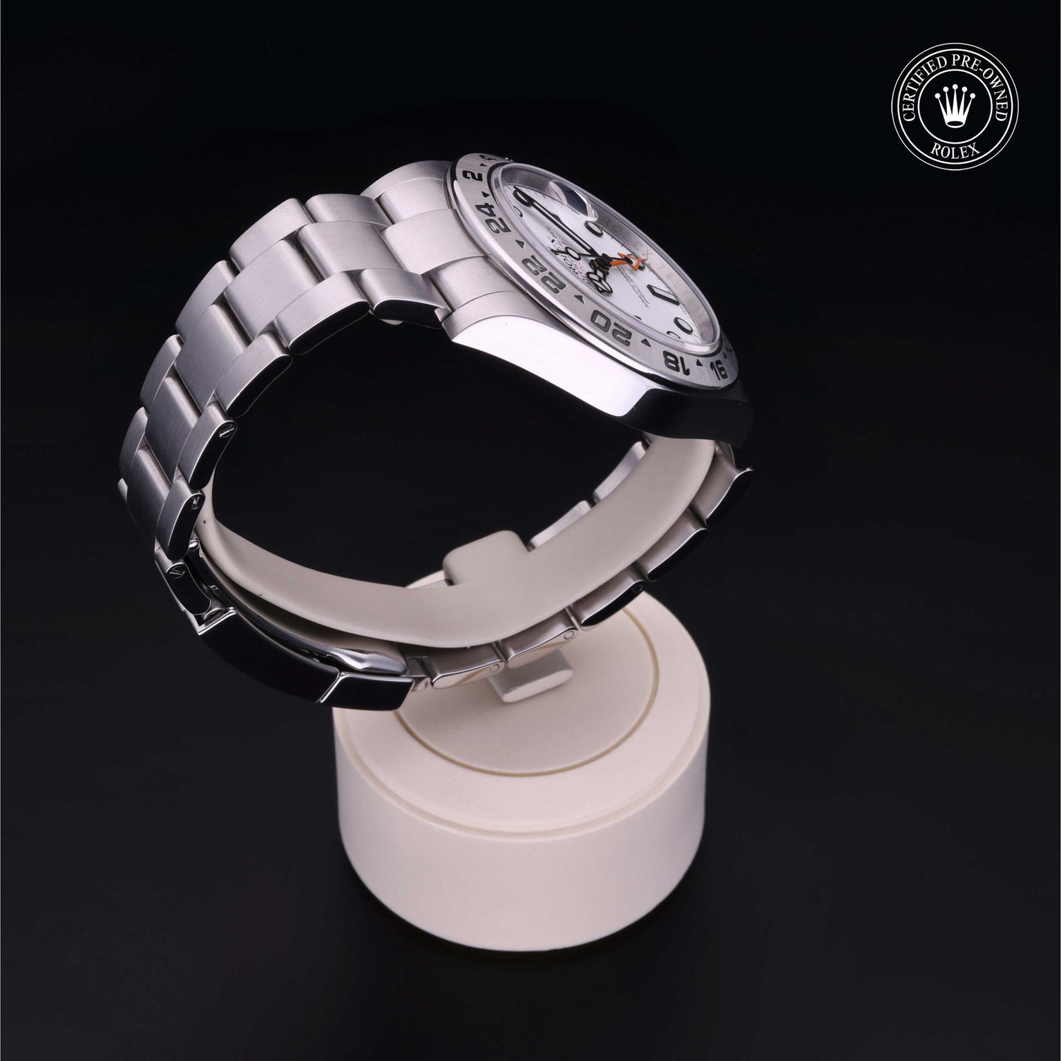 Rolex Certified Pre-owned Explorer II M216570-0001 front on black background