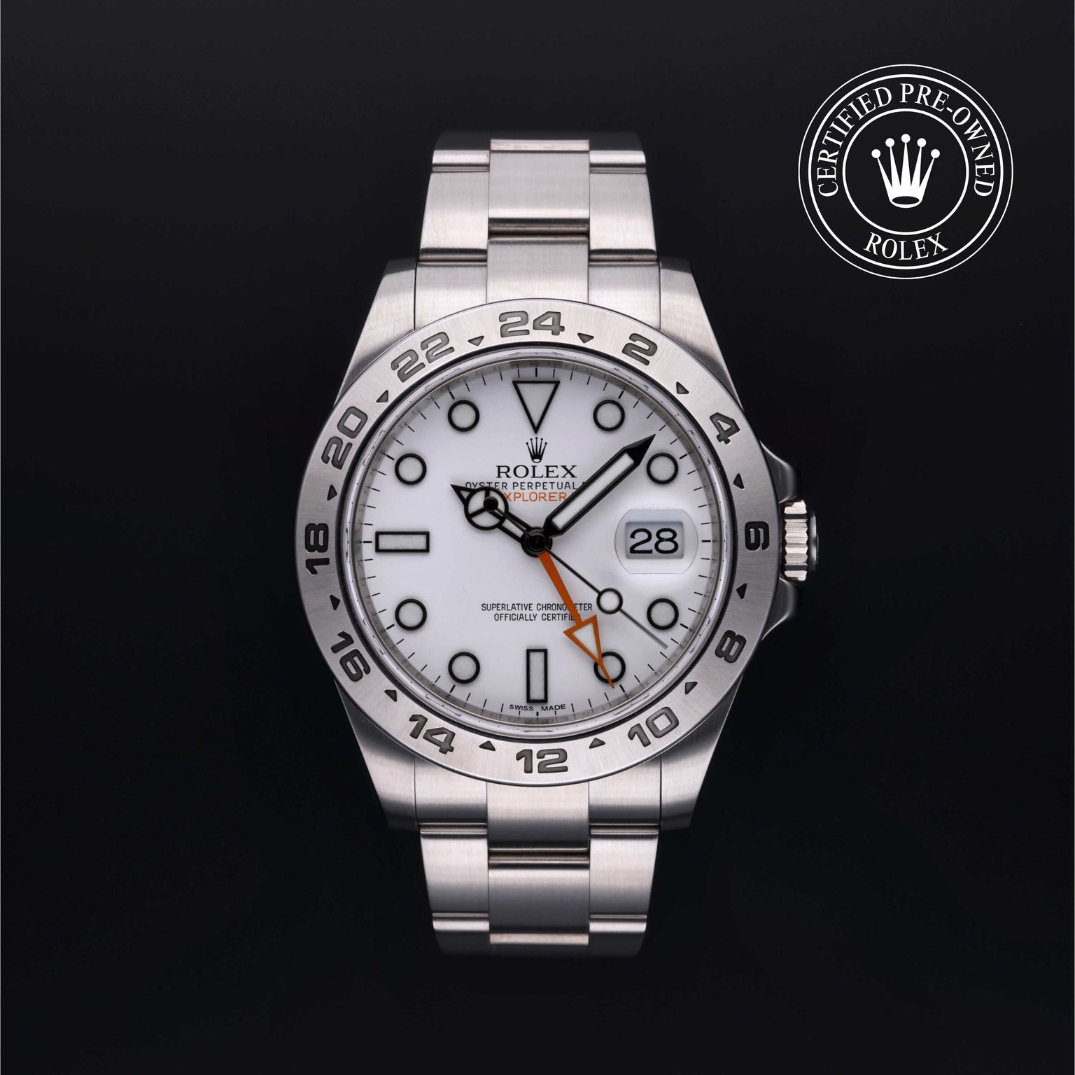 Rolex Certified Pre-owned Explorer II M216570-0001 front on black background