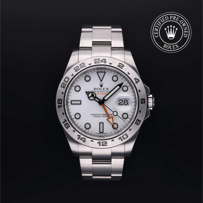 Rolex Certified Pre-owned Explorer II M216570-0001 front on black background