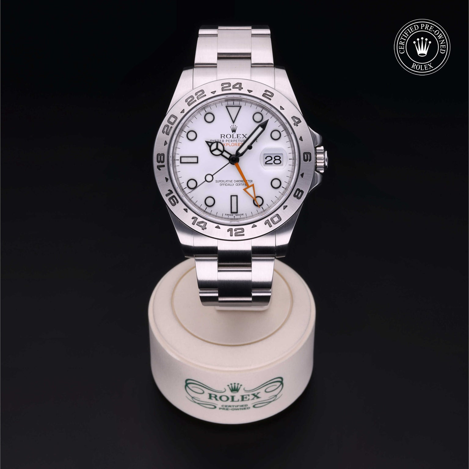 Rolex Certified Pre-owned Explorer II M216570-0001 front on black background