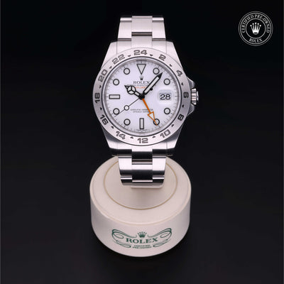 Rolex Certified Pre-owned Explorer II M216570-0001 front on black background