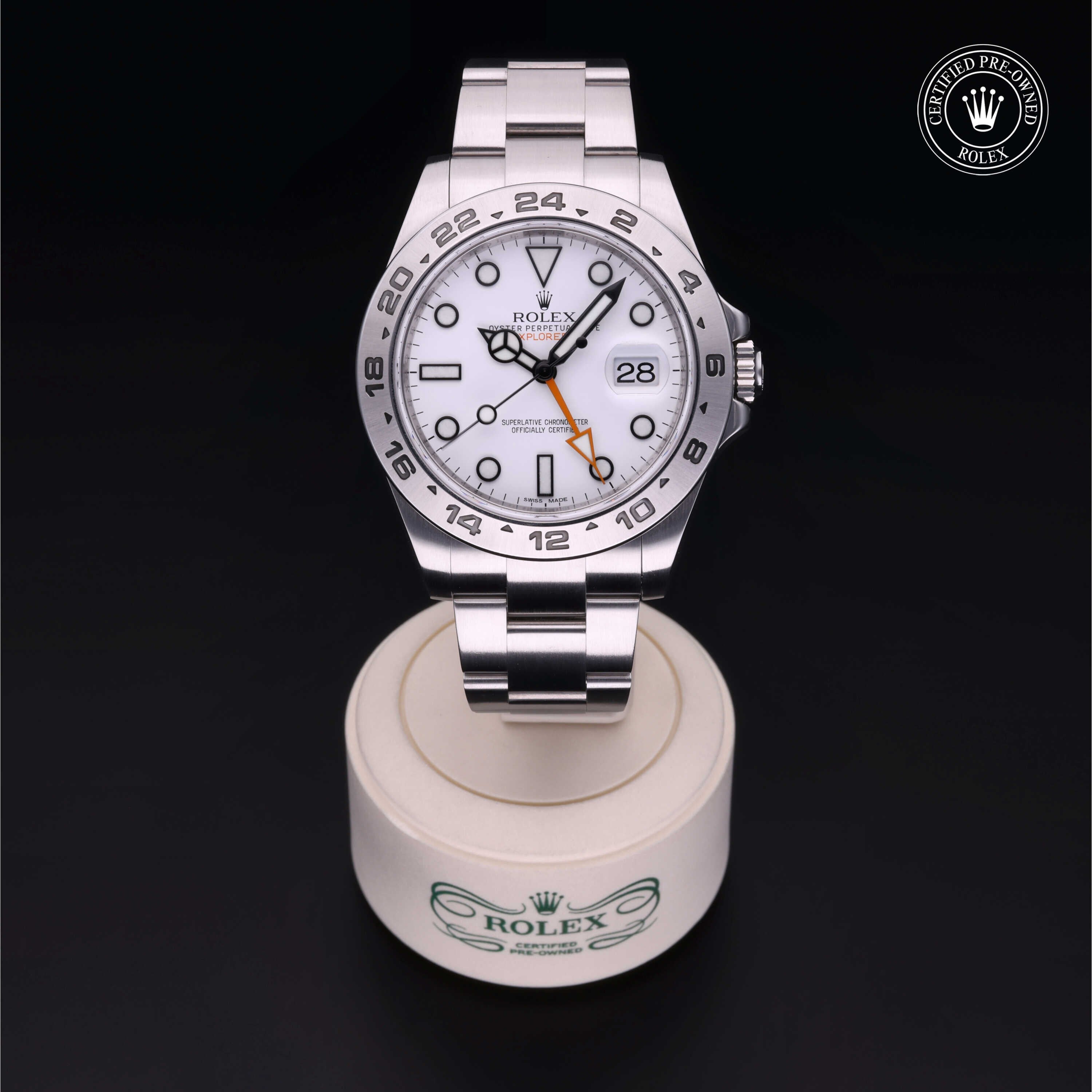 Rolex Certified Pre-owned Explorer II M216570-0001 front on black background