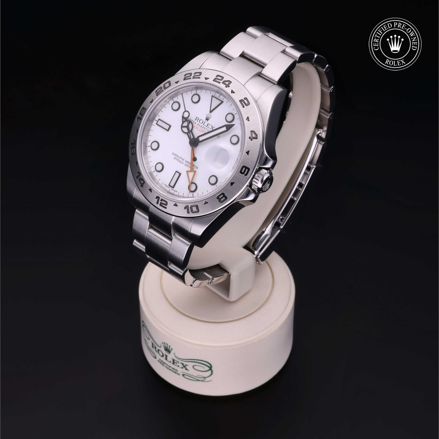 Rolex Certified Pre-owned Explorer II M216570-0001 front on black background