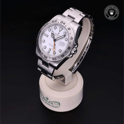 Rolex Certified Pre-owned Explorer II M216570-0001 front on black background