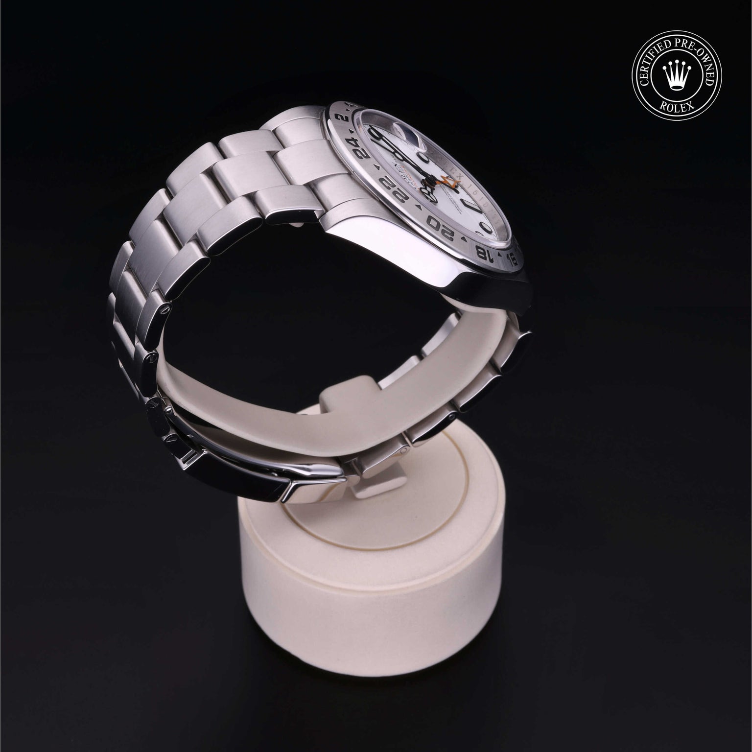 Rolex Certified Pre-owned Explorer II M216570-0001 front on black background