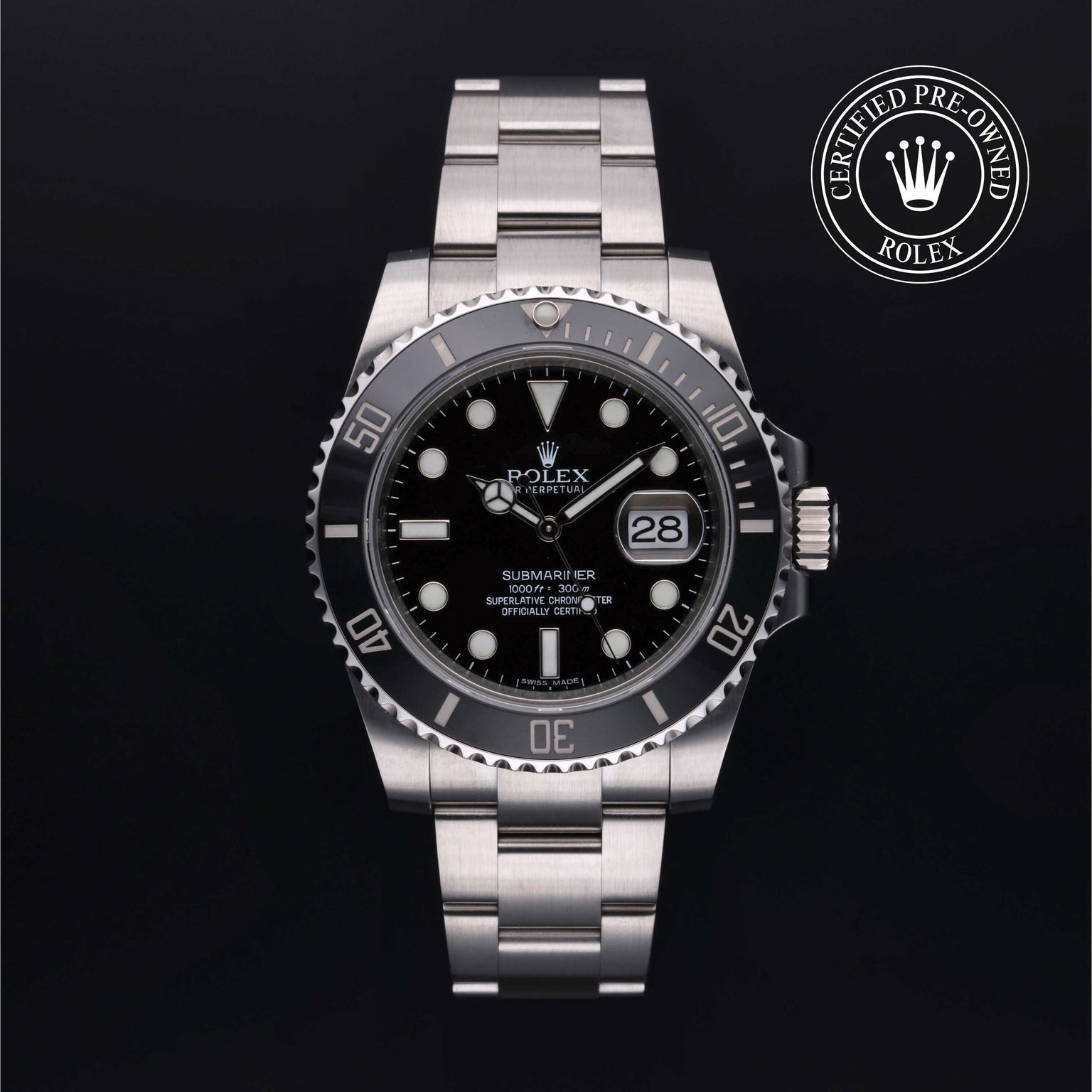 Rolex Certified Pre-owned Submariner Date M116610LN-0001 front on black background