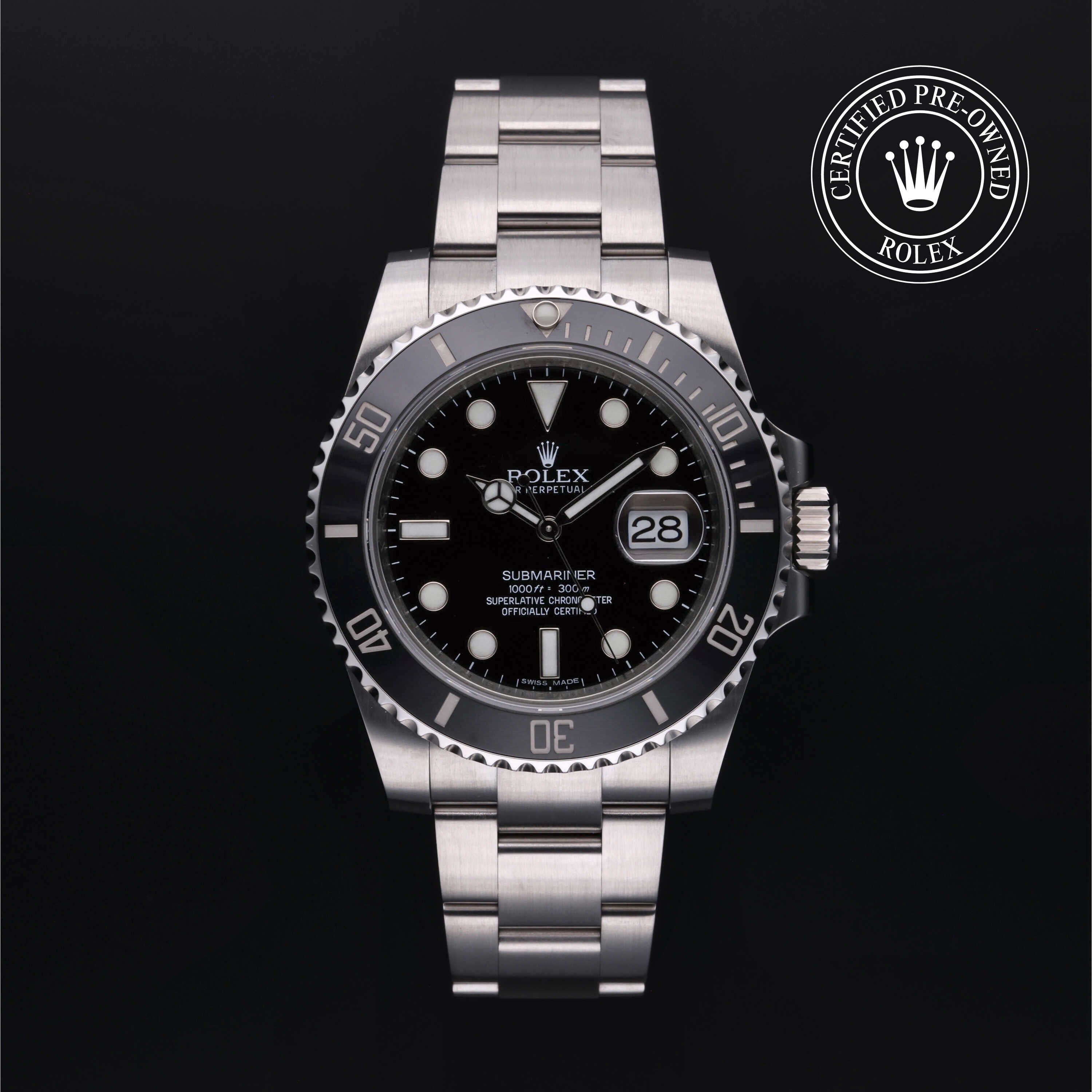Rolex Certified Pre-owned Submariner Date M116610LN-0001 front on black background