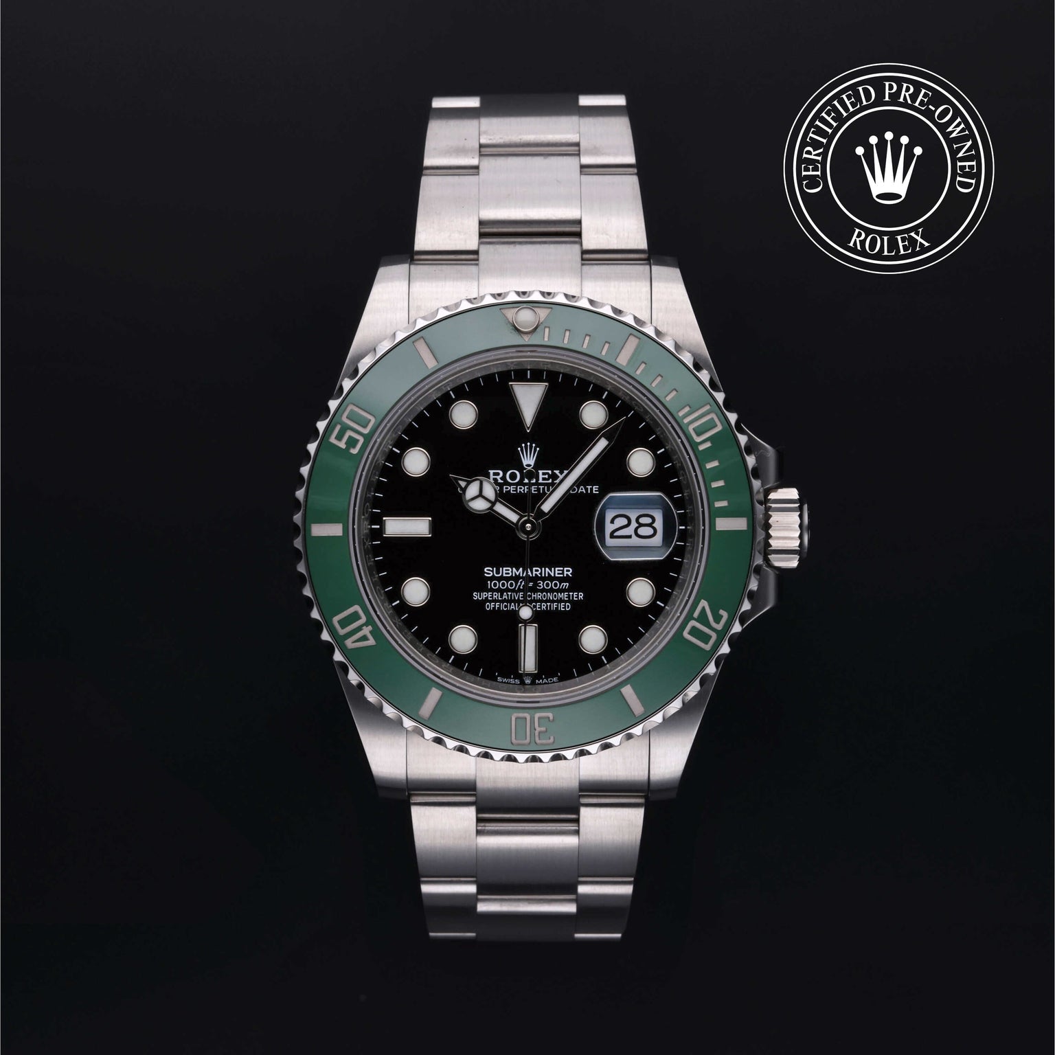 Rolex Certified Pre-owned Submariner Date M126610LV-0002 front on black background