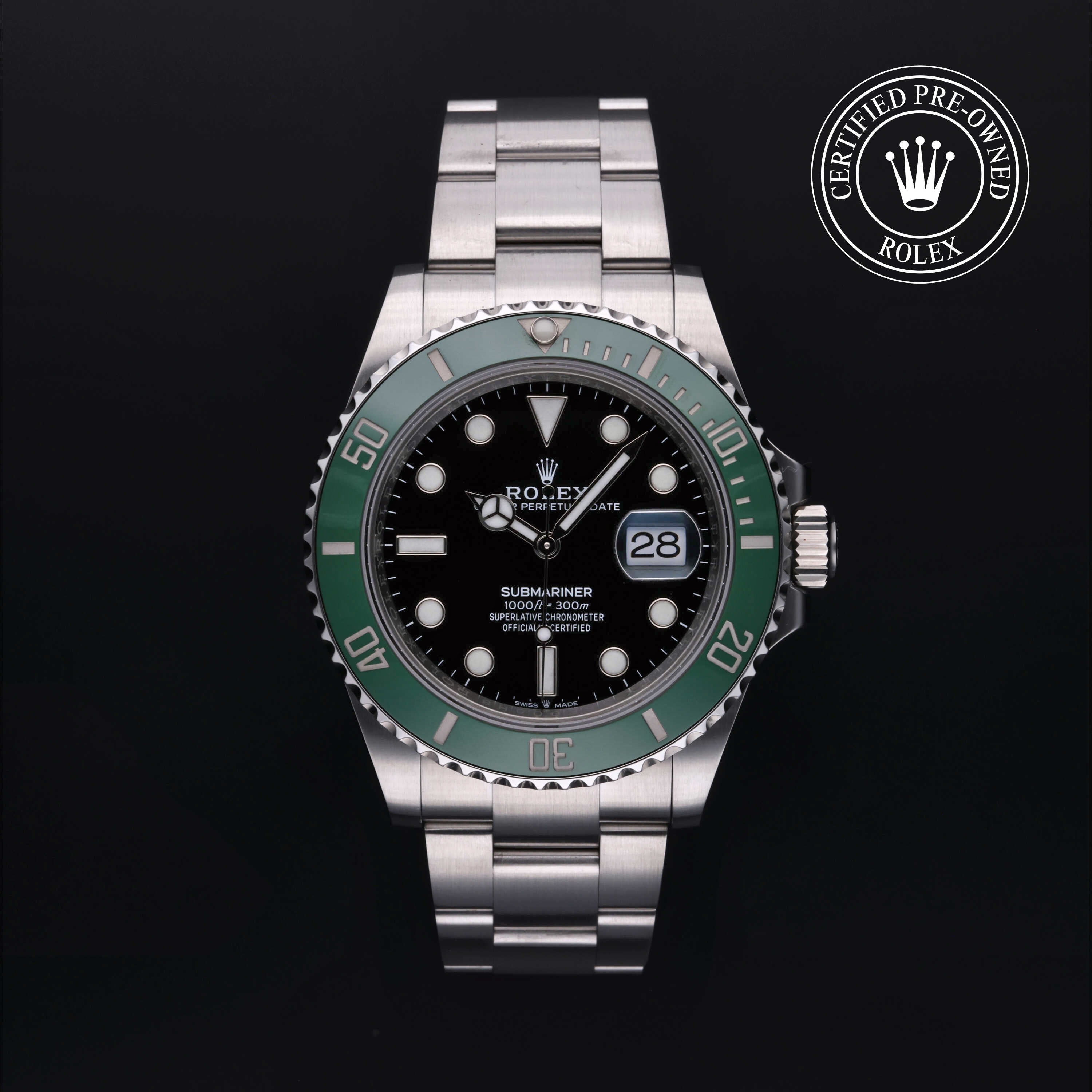 Rolex Certified Pre-owned Submariner Date M126610LV-0002 front on black background