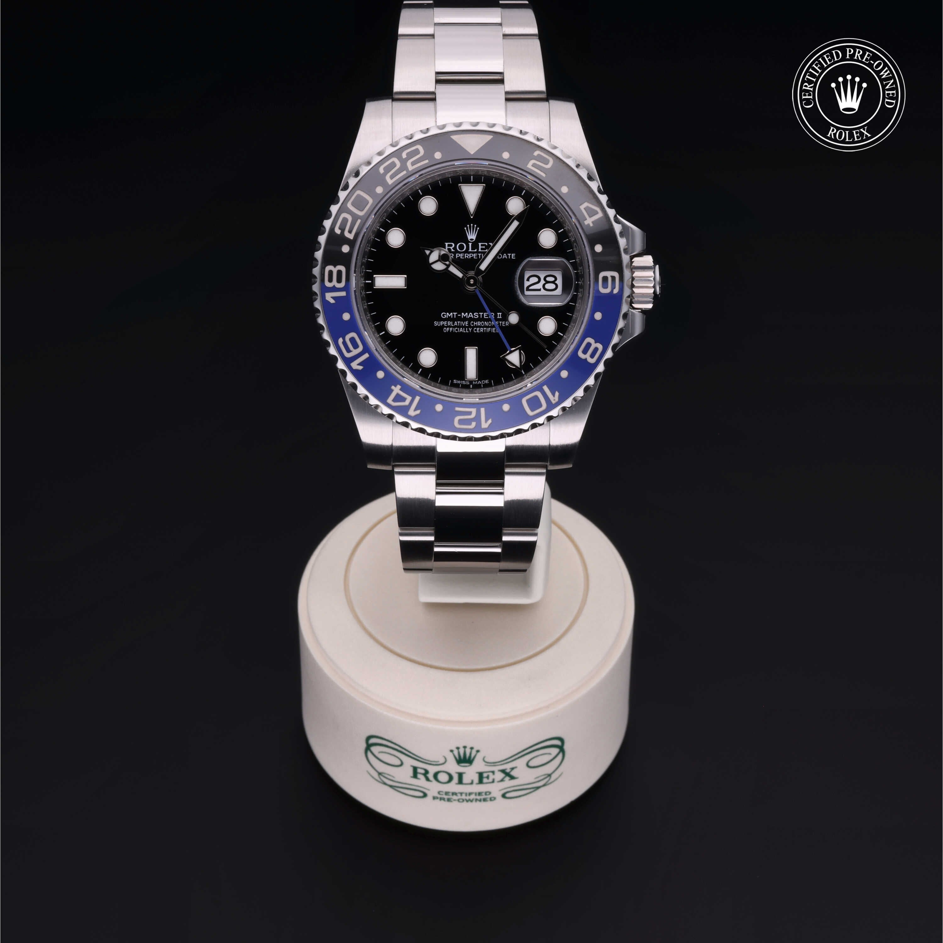 Rolex Certified Pre-owned GMT M116710BLNR-0002 front on black background