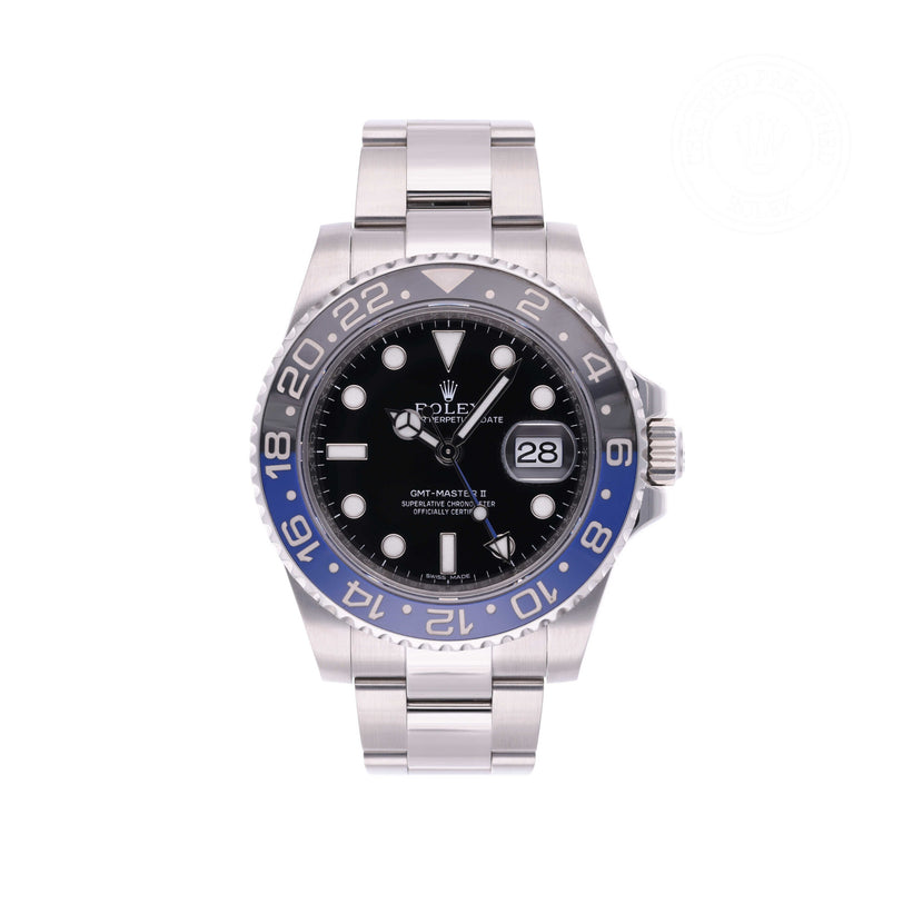Rolex Certified Pre-owned GMT M116710BLNR-0002 front on white background