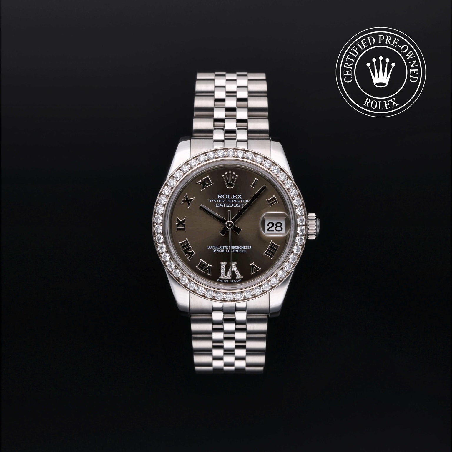 Rolex Certified Pre-owned Lady Datejust M178384-0011 front on black background