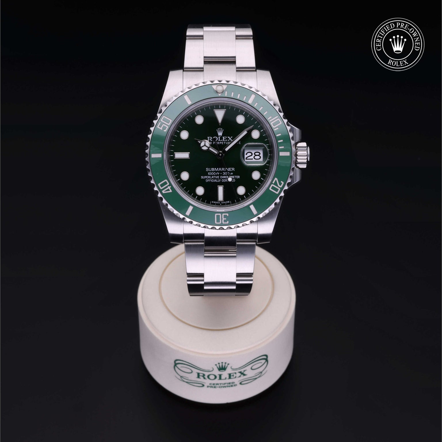 Rolex Certified Pre-owned Submariner Date M116610LV-0002 front on black background