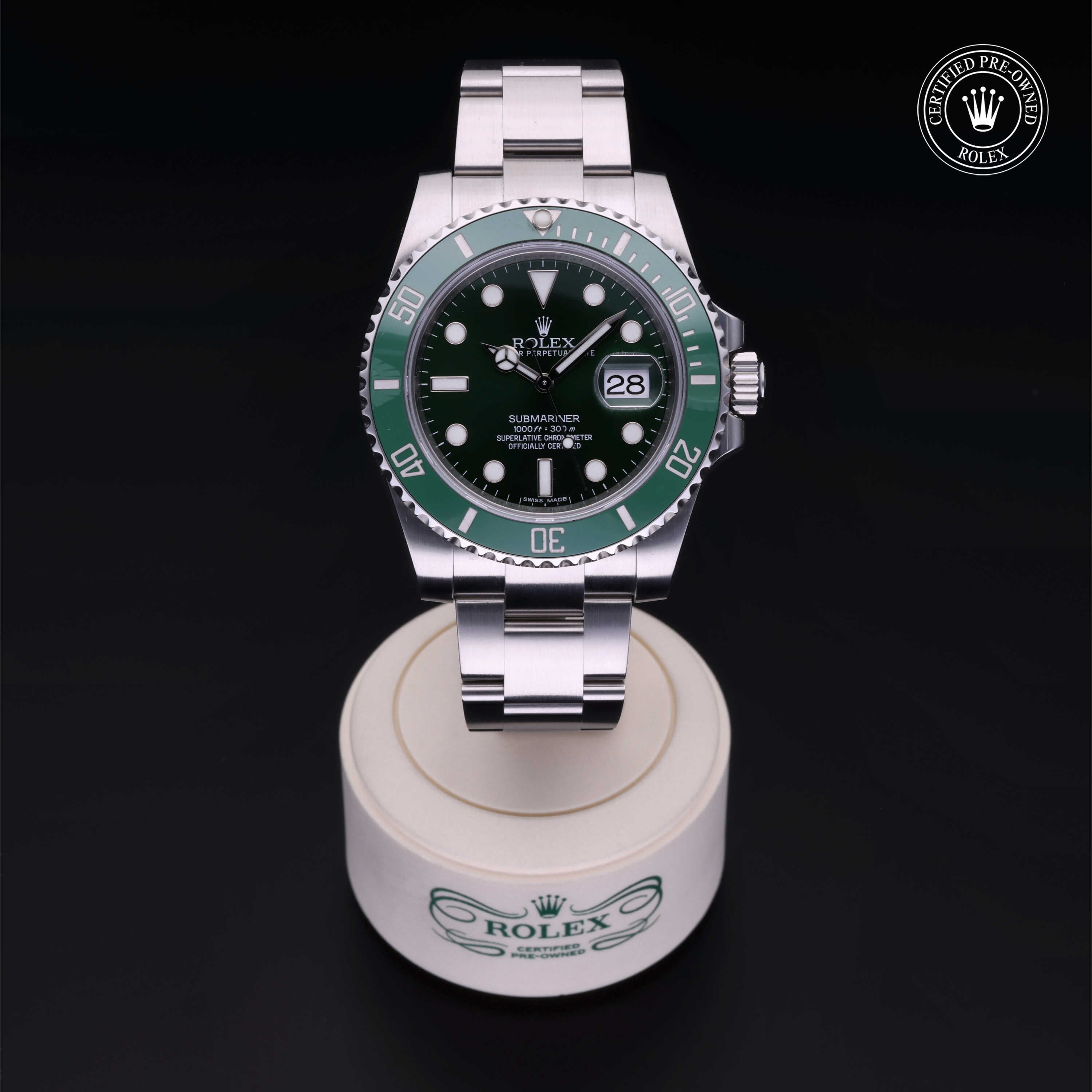Rolex Certified Pre-owned Submariner Date M116610LV-0002 front on black background