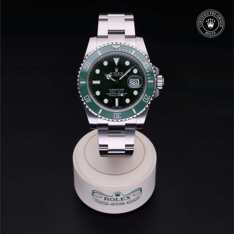Rolex Certified Pre-owned Submariner Date M116610LV-0002 front on black background