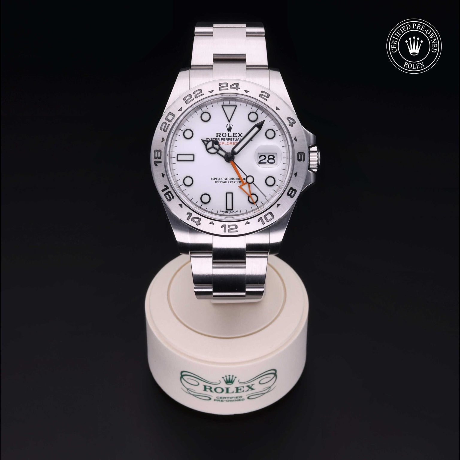 Rolex Certified Pre-owned Explorer II M216570-0001 front on black background