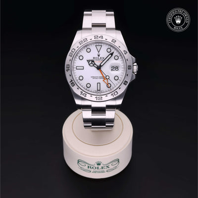 Rolex Certified Pre-owned Explorer II M216570-0001 front on black background