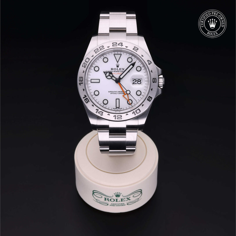 Rolex Certified Pre-owned Explorer II M216570-0001 front on black background