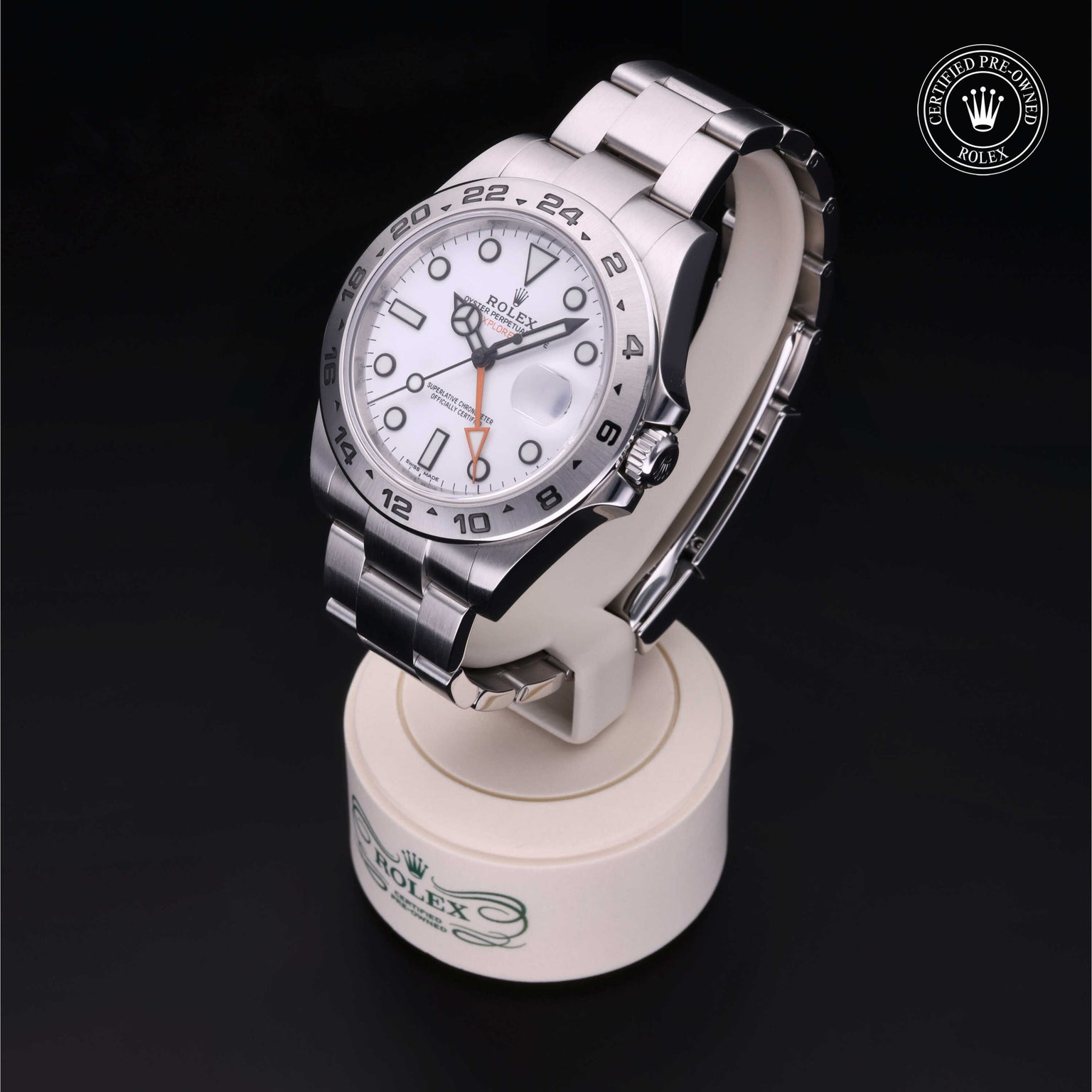 Rolex Certified Pre-owned Explorer II M216570-0001 front on black background