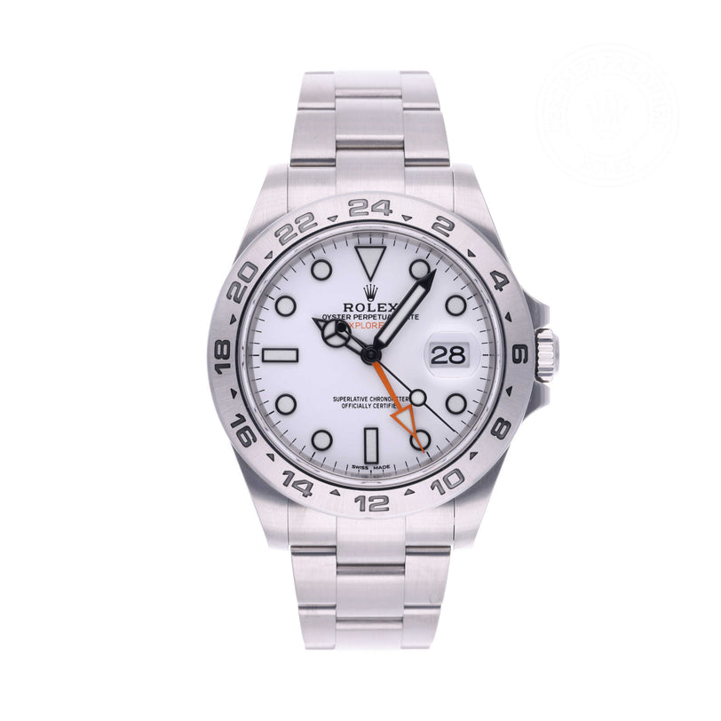 Rolex Certified Pre-owned Explorer II M216570-0001 front on white background