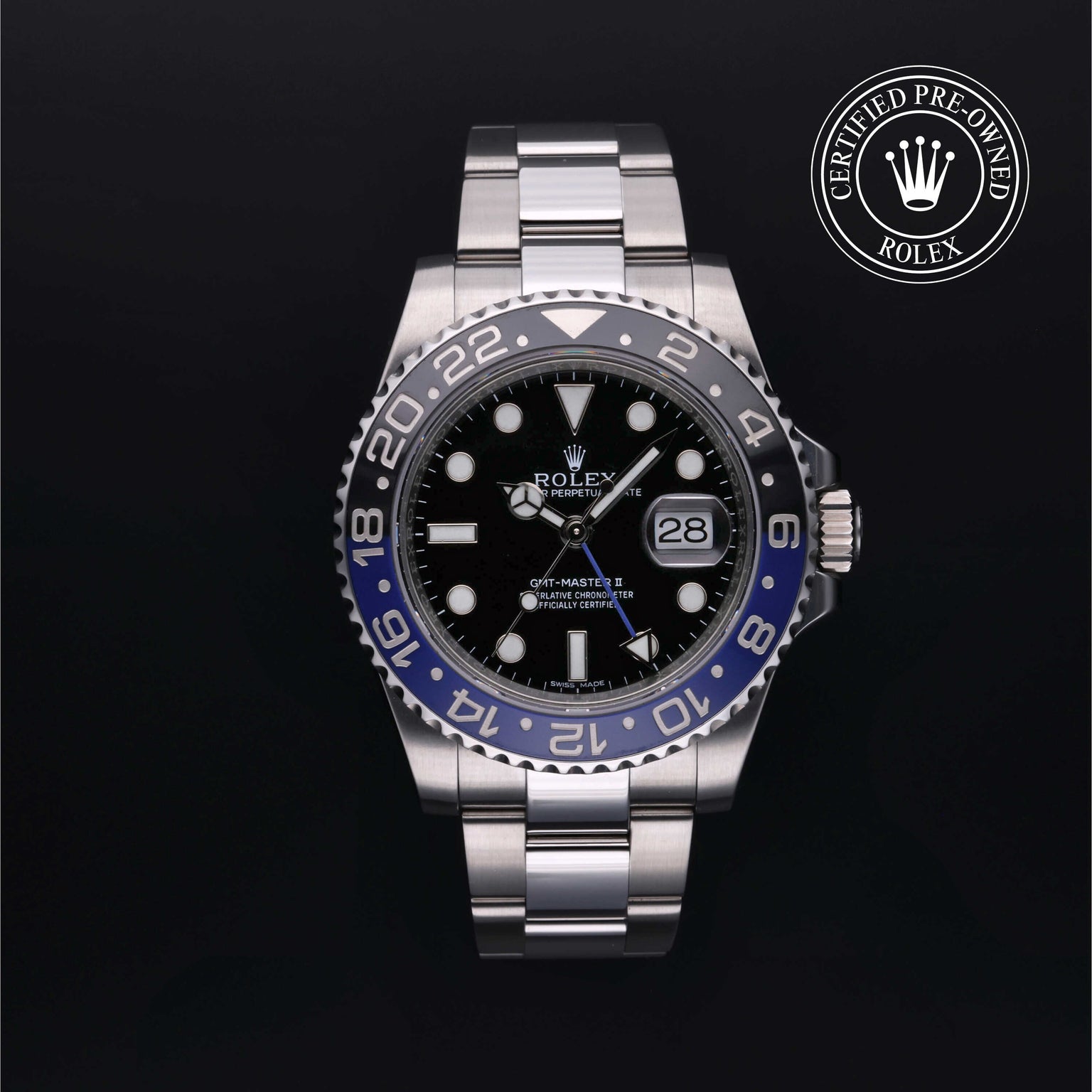 Rolex Certified Pre-owned GMT II M116710BLNR-0002 front on black background