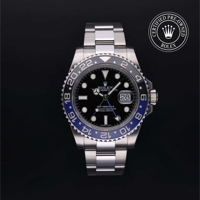 Rolex Certified Pre-owned GMT II M116710BLNR-0002 front on black background