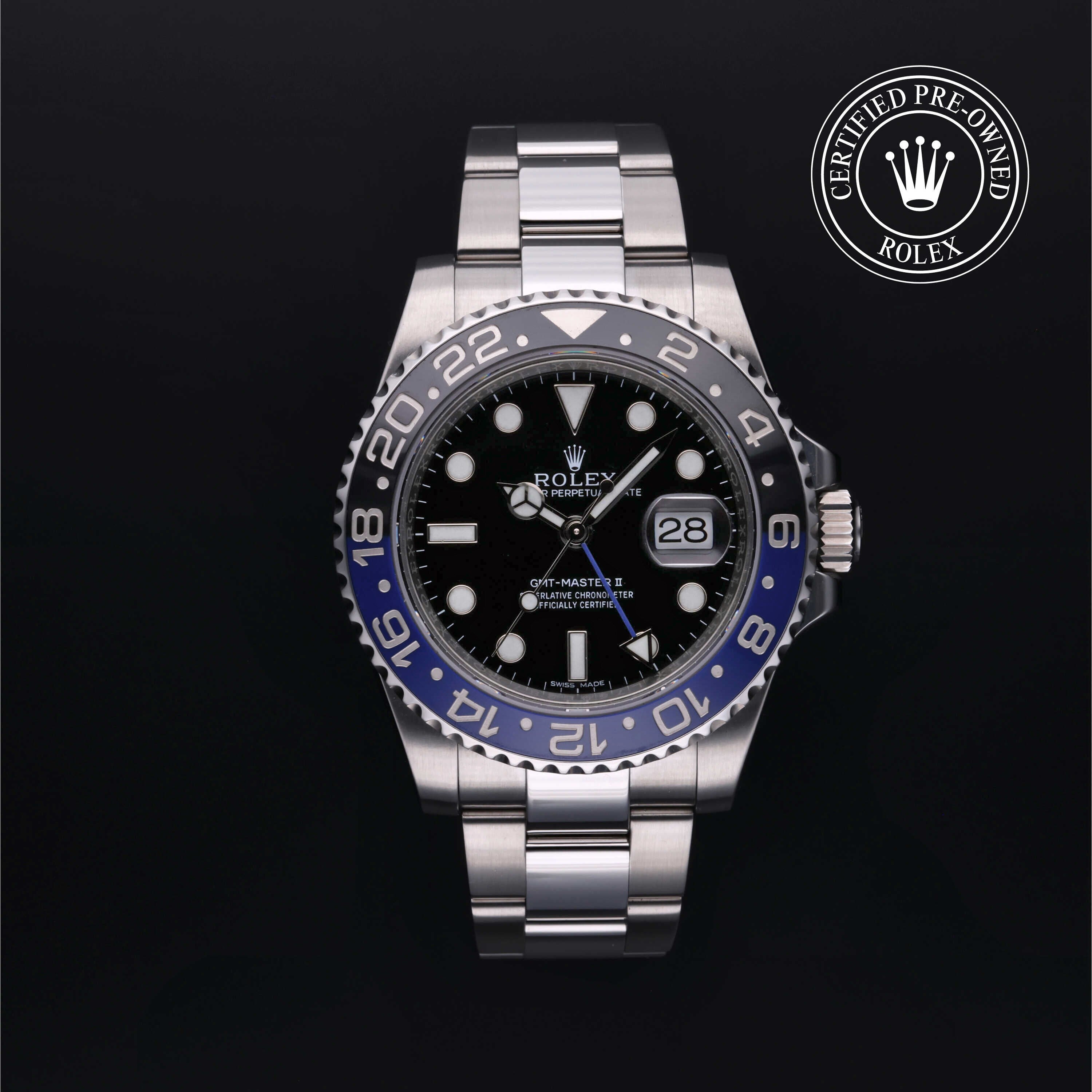 Rolex Certified Pre-owned GMT II M116710BLNR-0002 front on black background