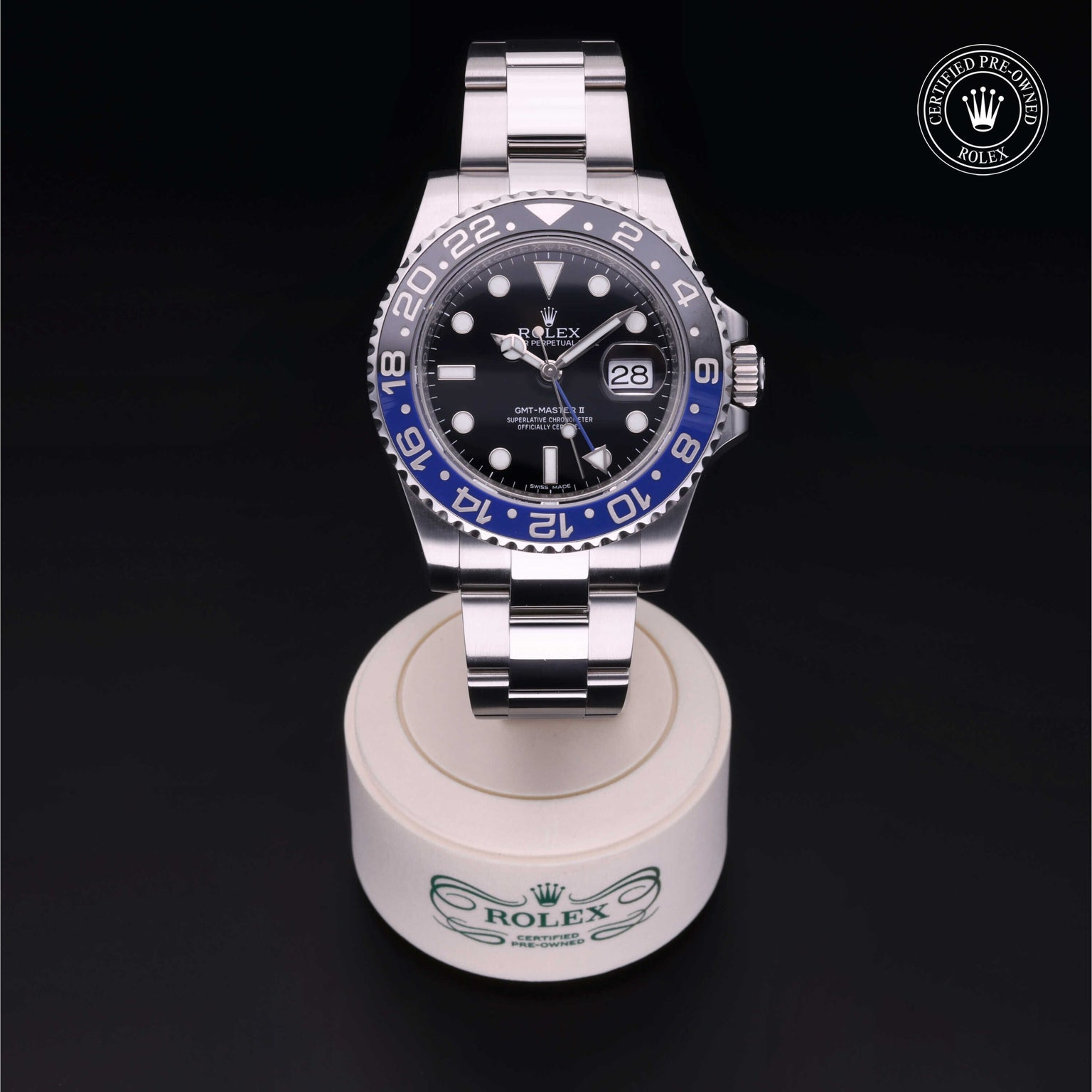 Rolex Certified Pre-owned GMT II M116710BLNR-0002 front on black background