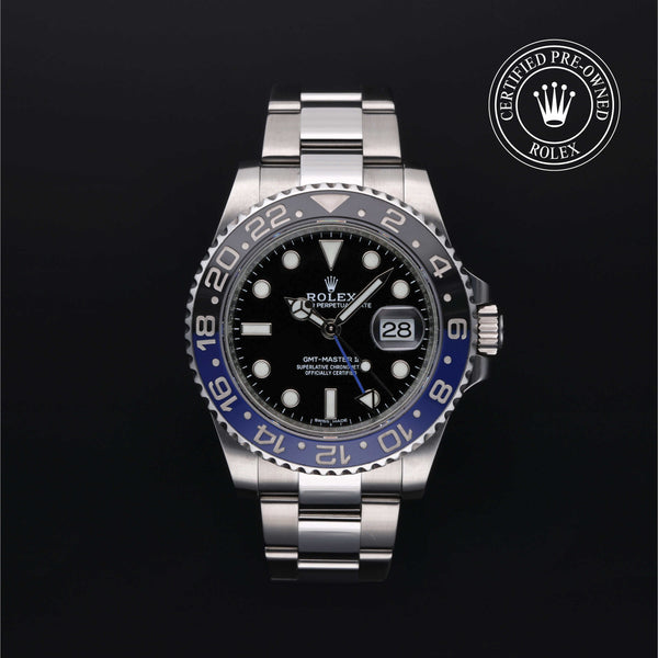 Rolex Certified Pre-owned GMT II M116710BLNR-0002 front on black background