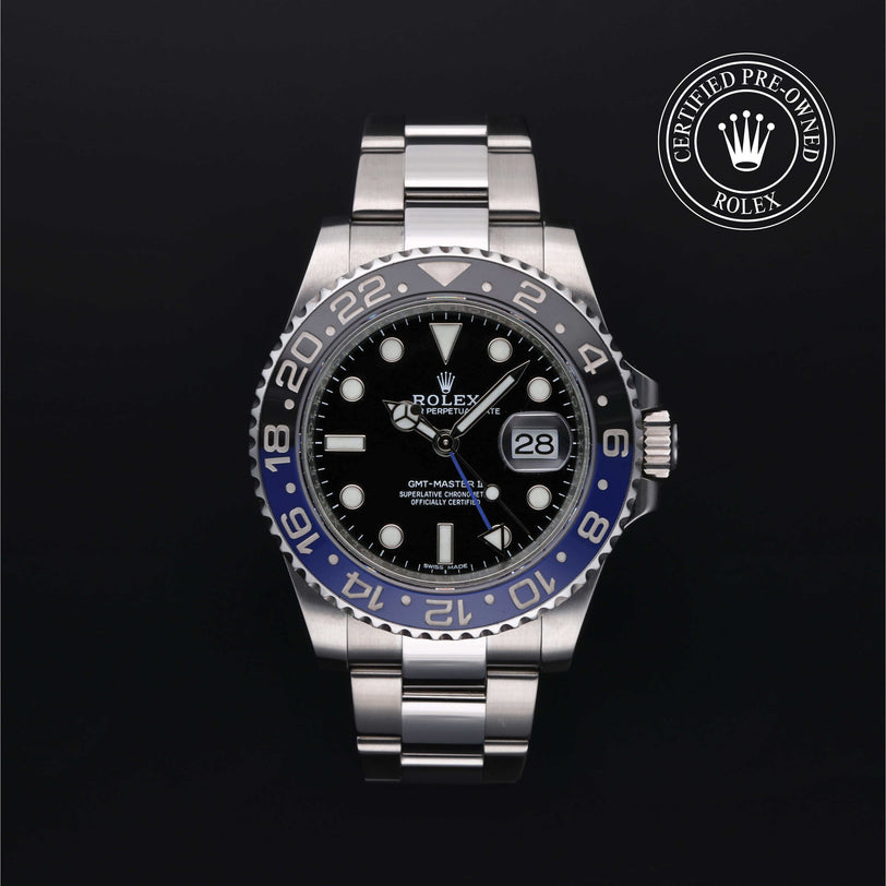 Rolex Certified Pre-owned GMT II M116710BLNR-0002 front on black background