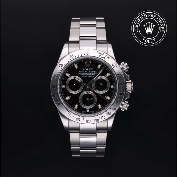 Rolex Certified Pre-owned Daytona Steel M116520-0015 front on black background
