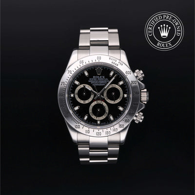 Rolex Certified Pre-owned Daytona M116520-0011 front on black background