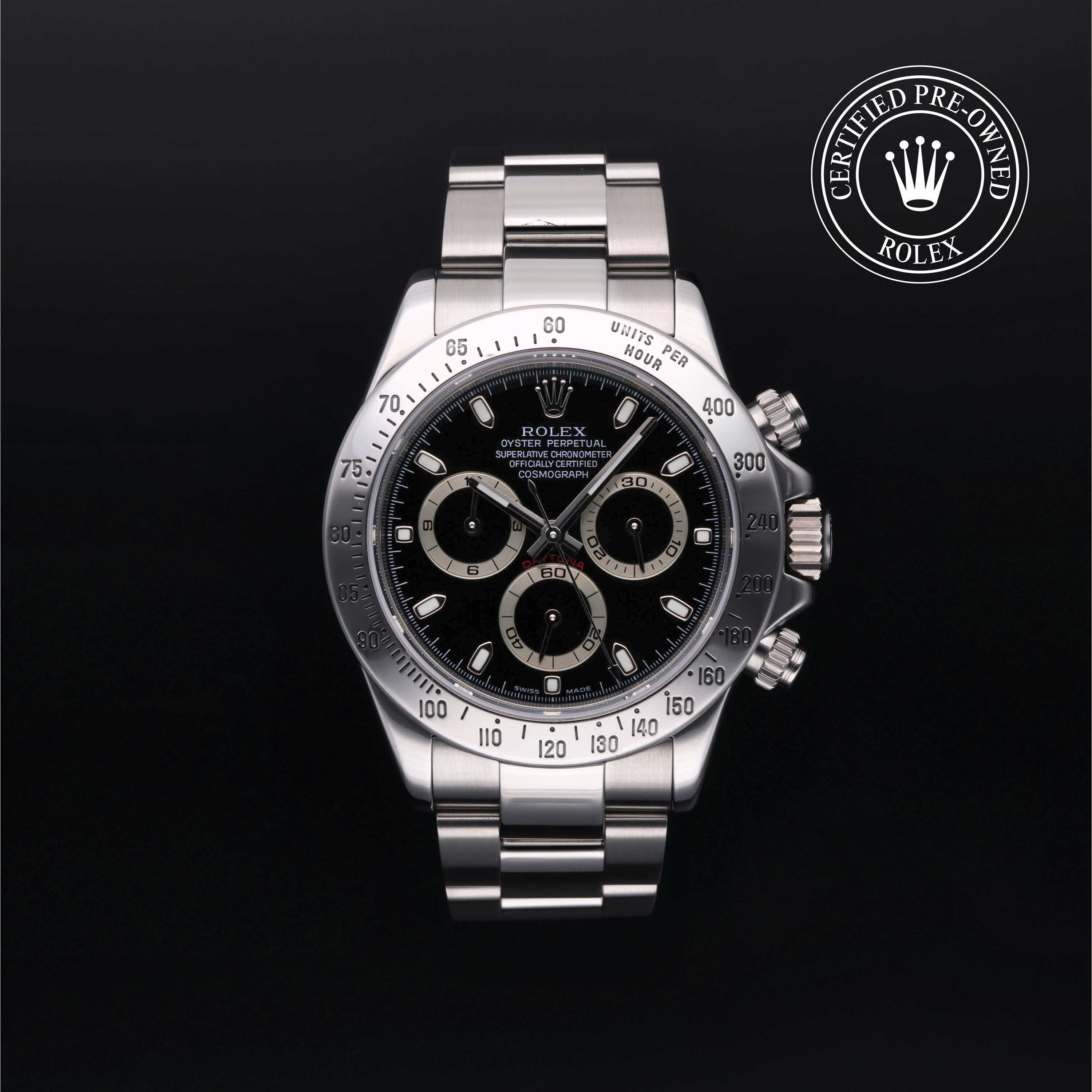 Rolex Certified Pre-owned Daytona M116520-0011 front on black background