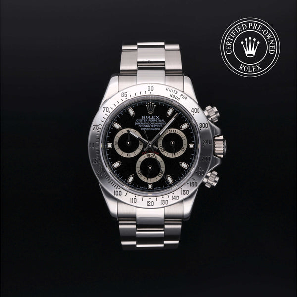 Rolex Certified Pre-owned Daytona M116520-0011 front on black background