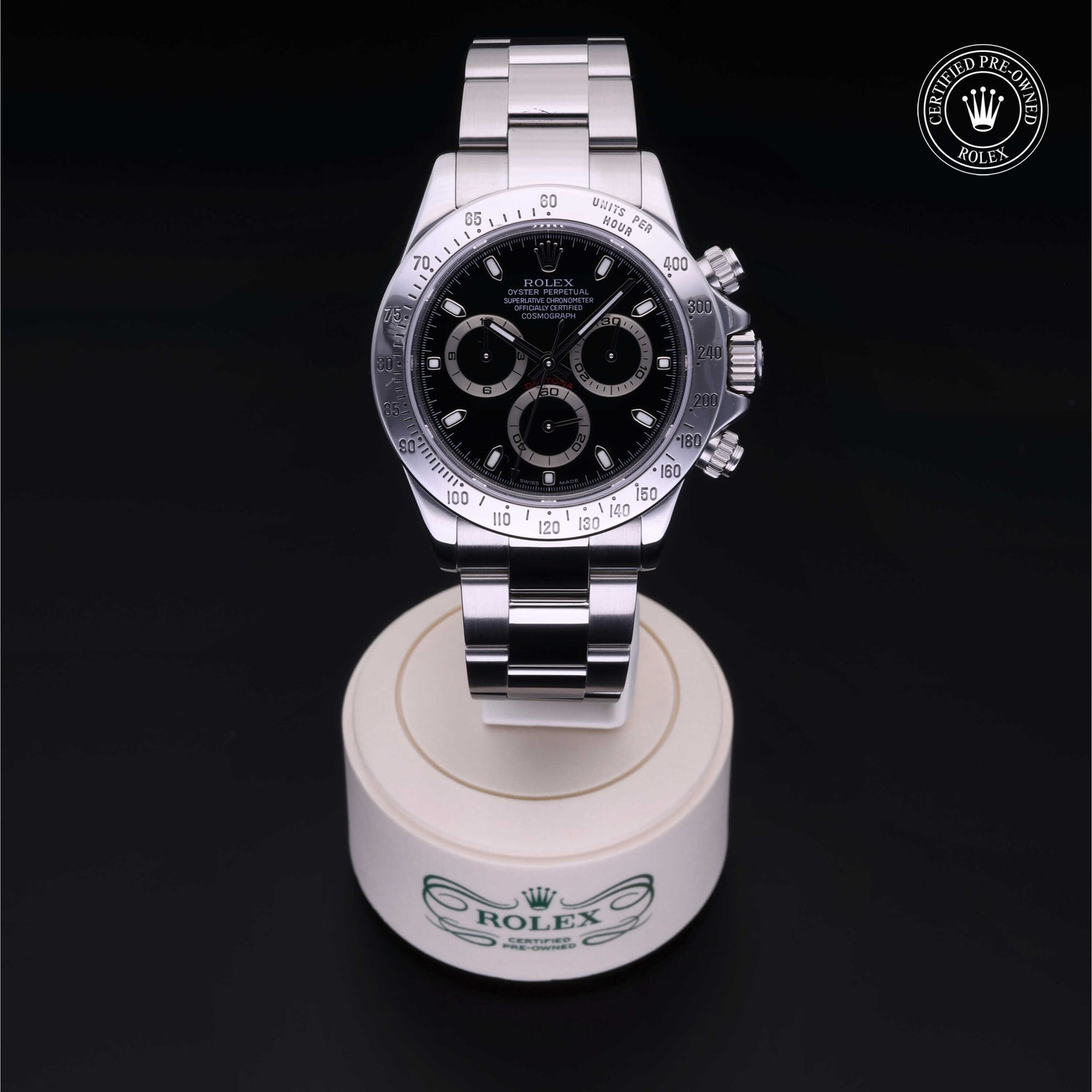 Rolex Certified Pre-owned Daytona M116520-0011 front on black background