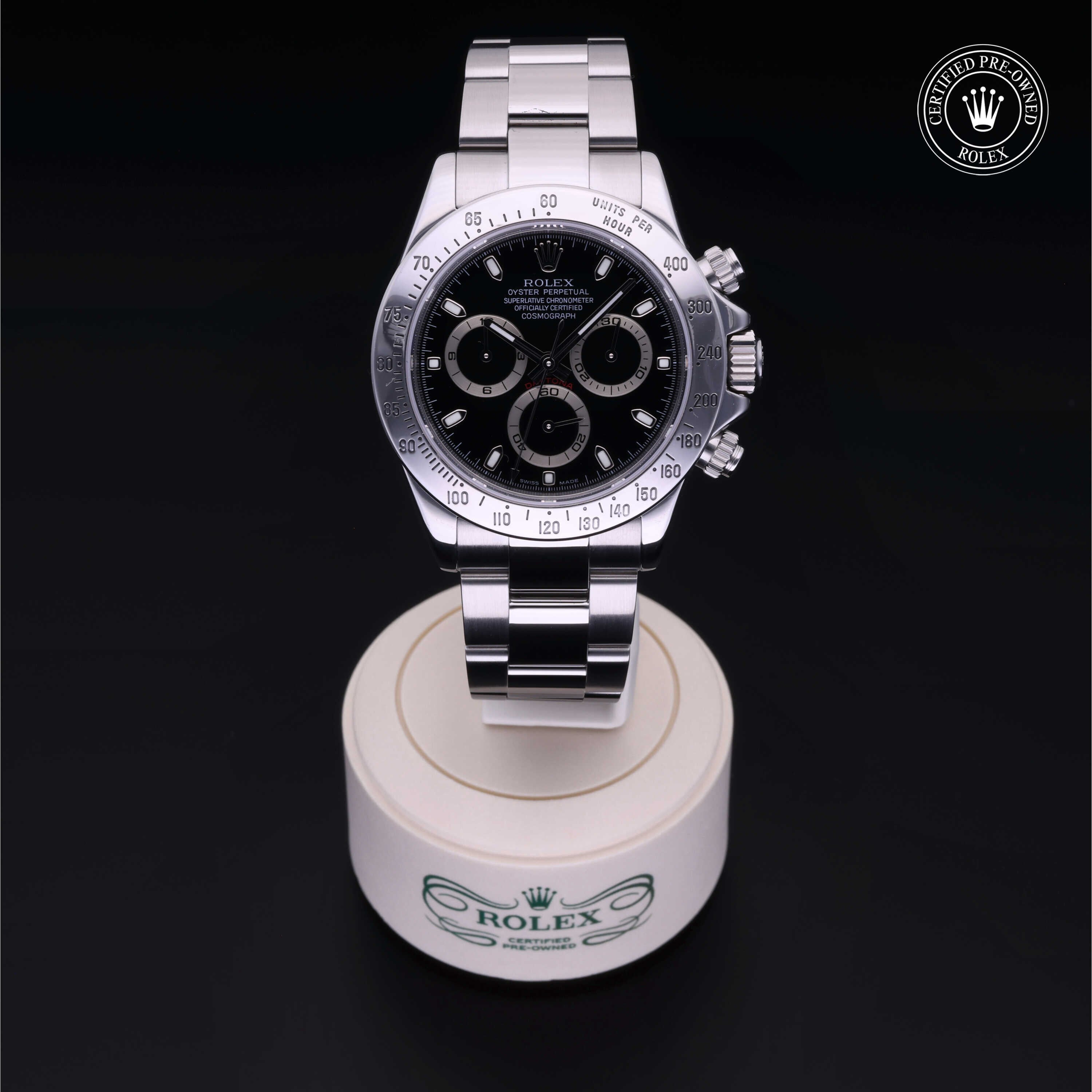 Rolex Certified Pre-owned Daytona M116520-0011 front on black background