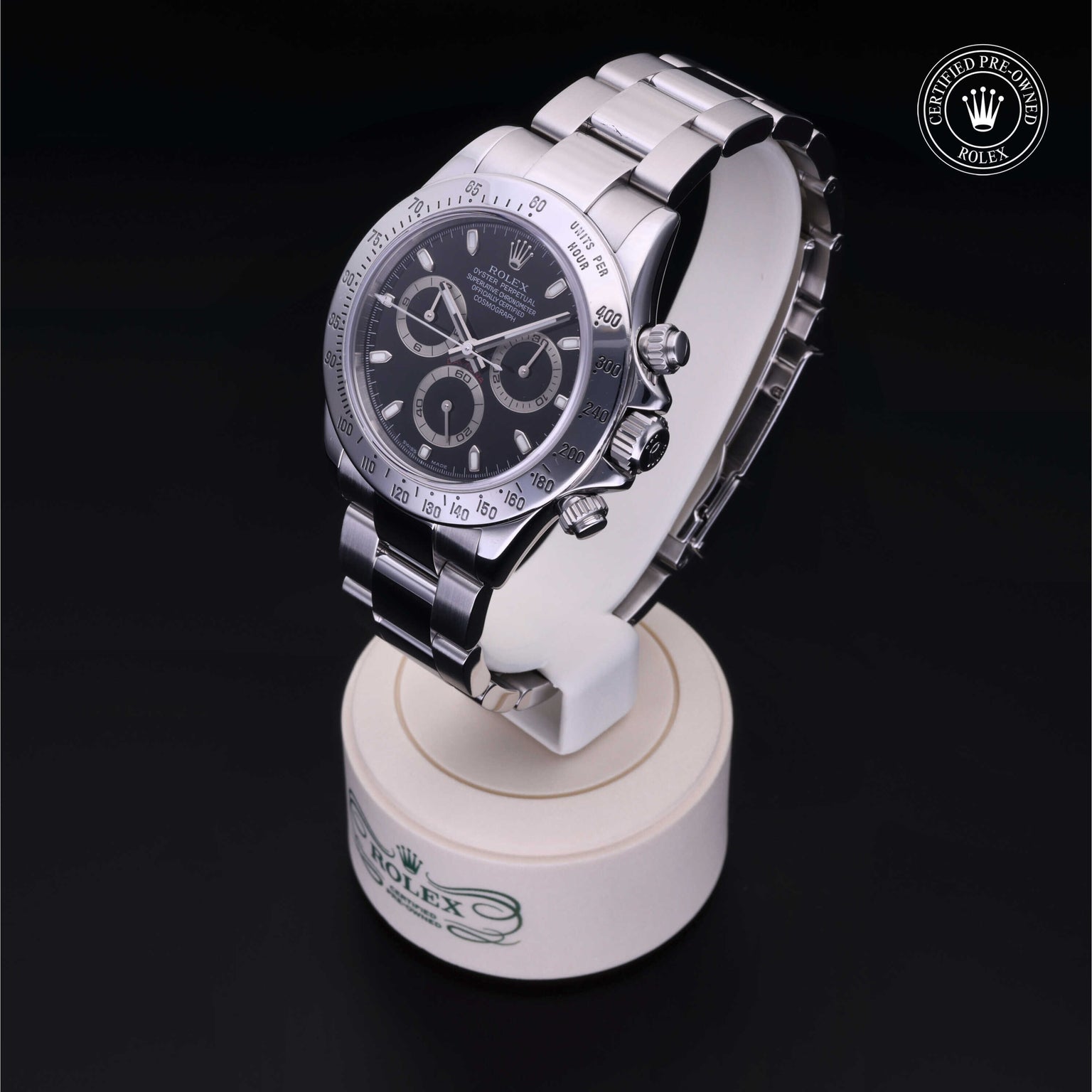 Rolex Certified Pre-owned Daytona M116520-0011 front on black background