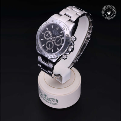 Rolex Certified Pre-owned Daytona M116520-0011 front on black background