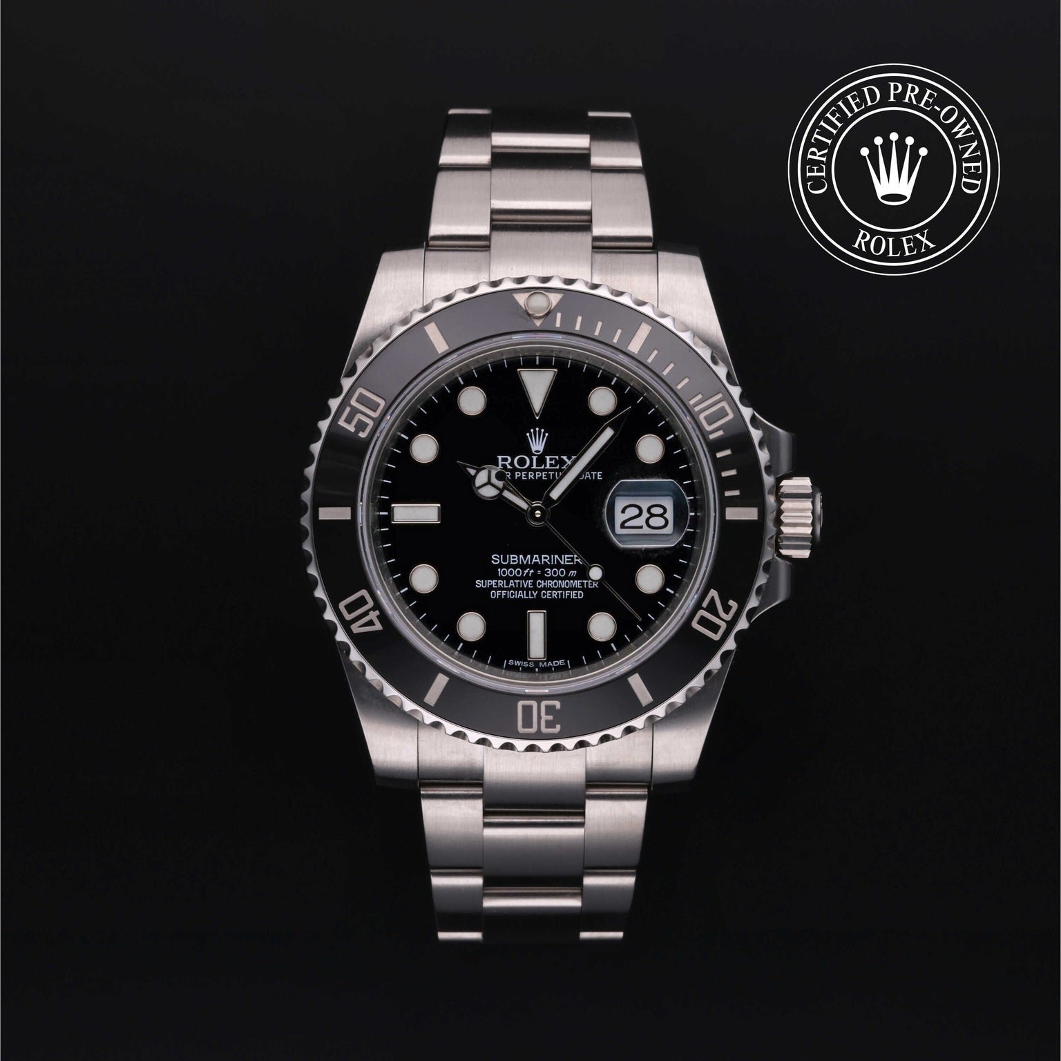 Rolex Certified Pre-owned Submariner Date M116610LN-0001 front on black background