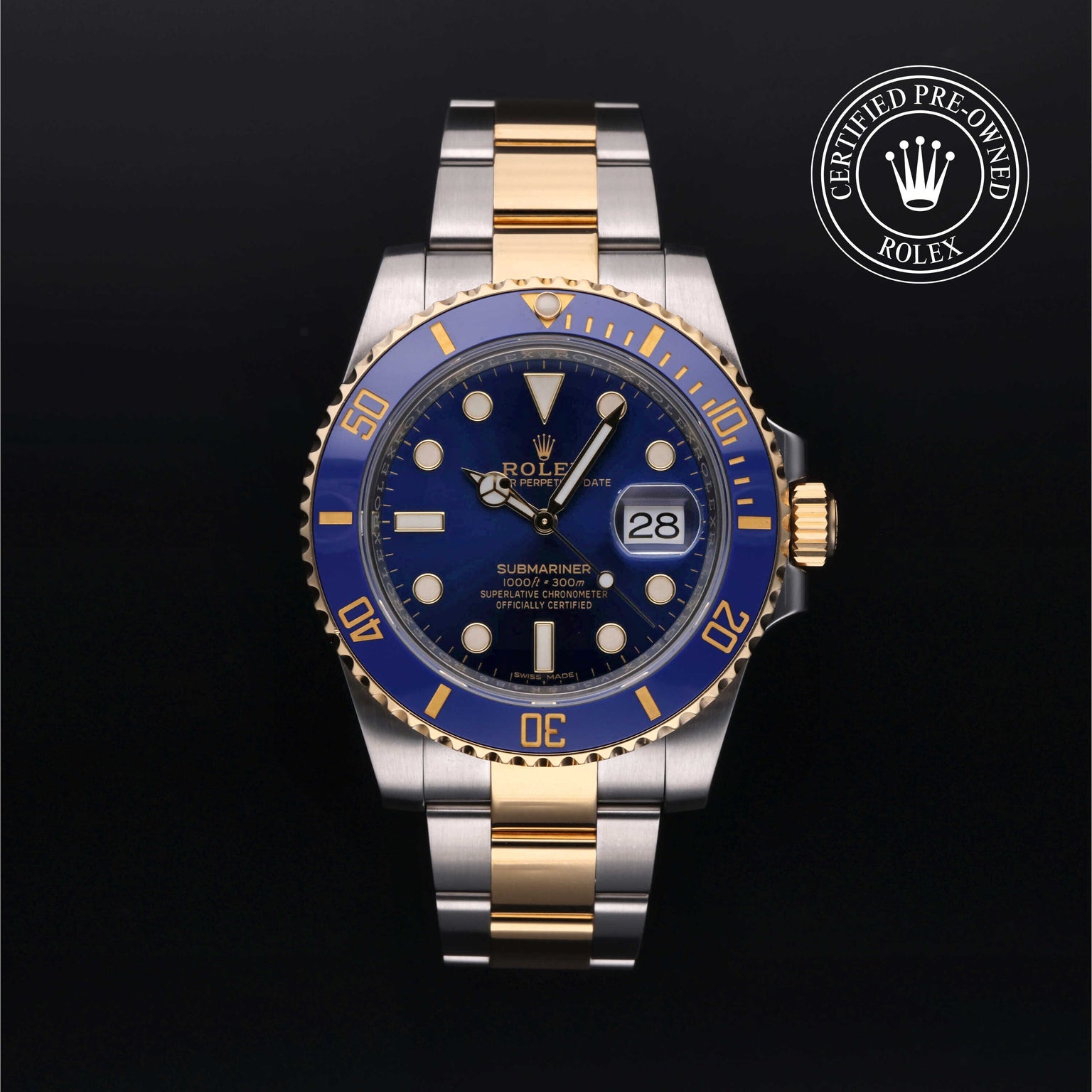 Rolex Certified Pre-owned Submariner M116613LB-0005 front on black background