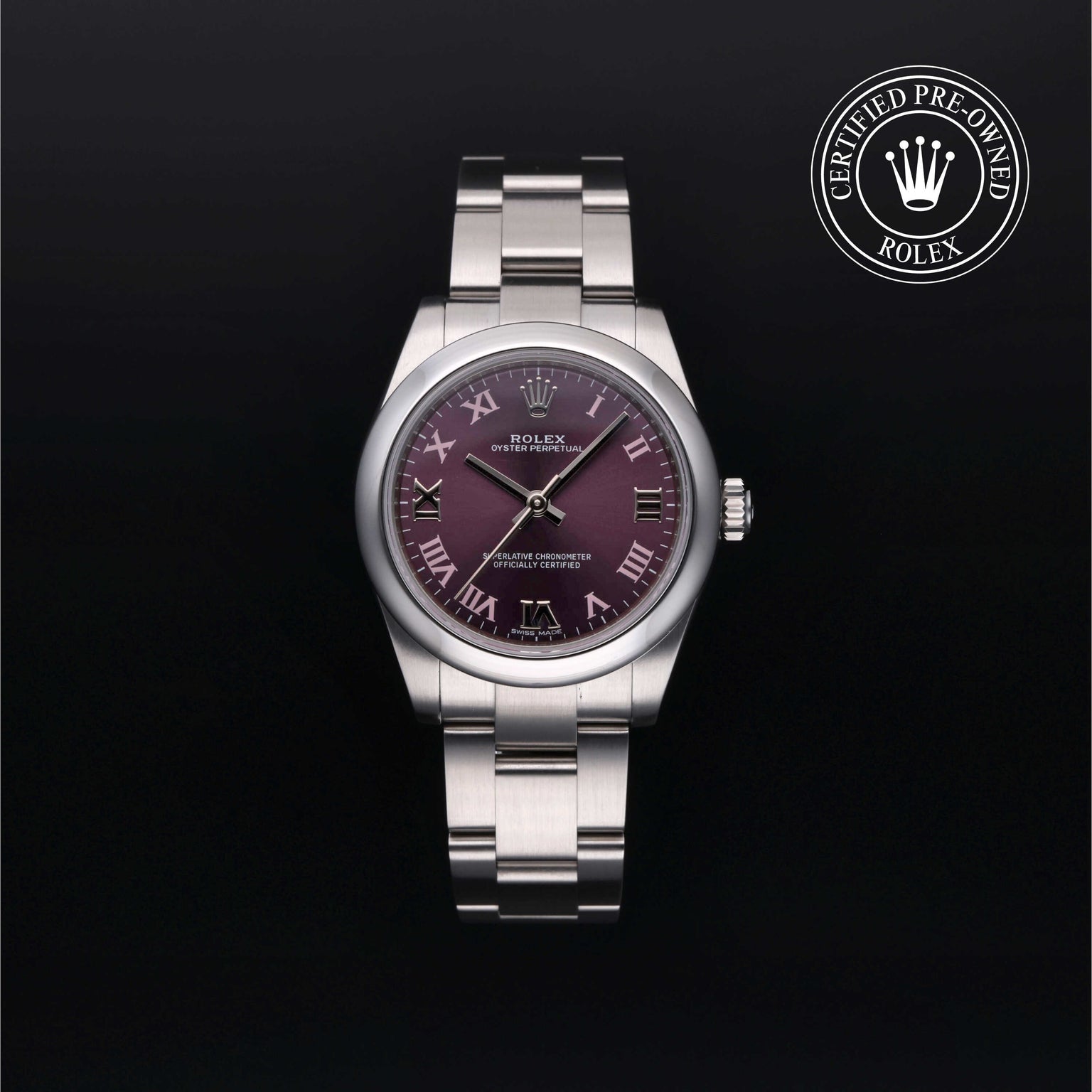 Rolex Certified Pre-owned Oyster Perpetual M177200-0017 front on black background