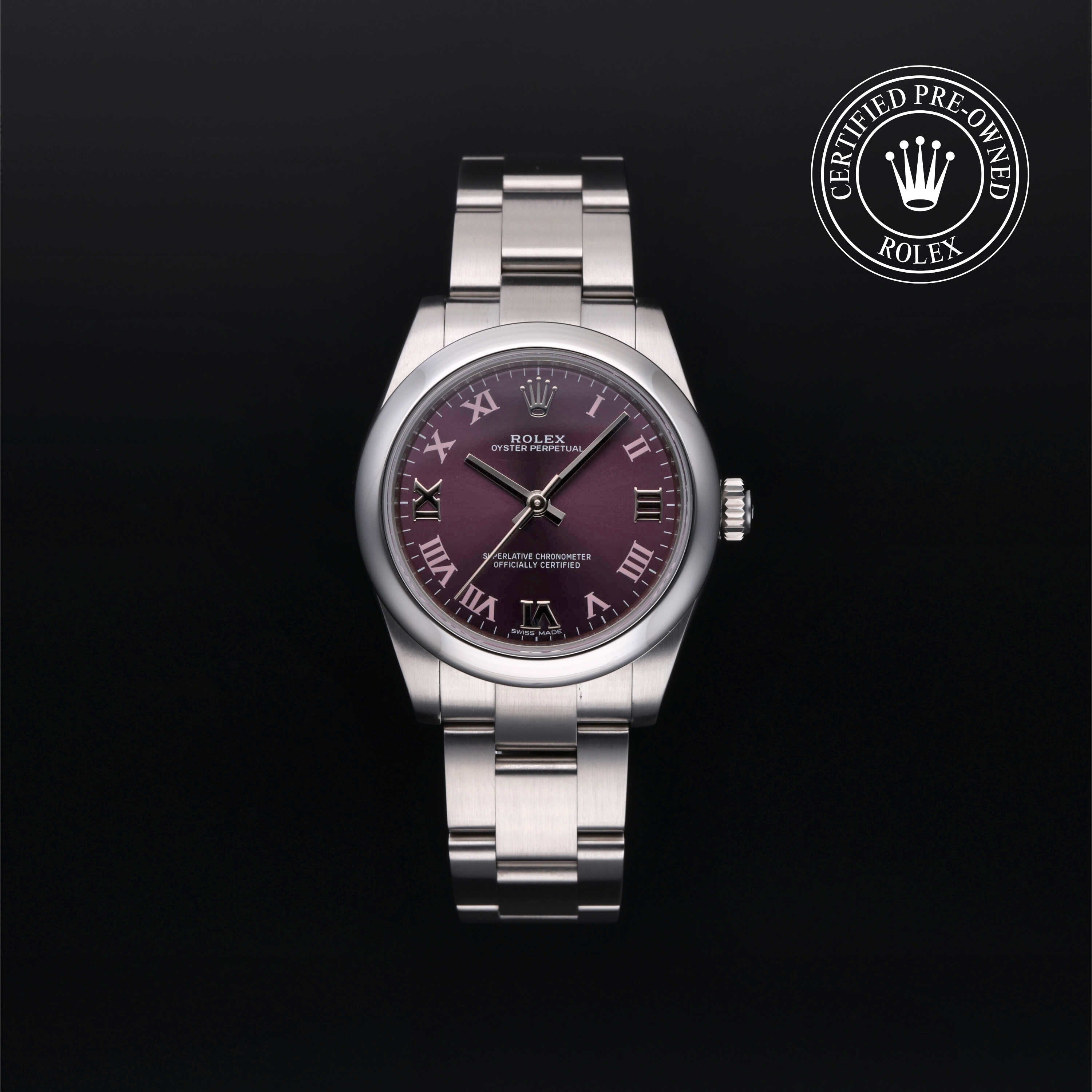 Rolex Certified Pre-owned Oyster Perpetual M177200-0017 front on black background