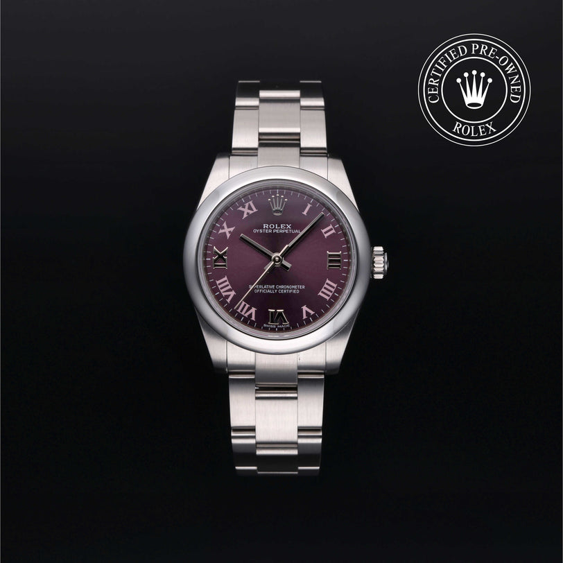 Rolex Certified Pre-owned Oyster Perpetual M177200-0017 front on black background